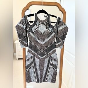 NWT Express Sequin Bodycon Mini Dress Cold Shoulder Long Sleeve XS